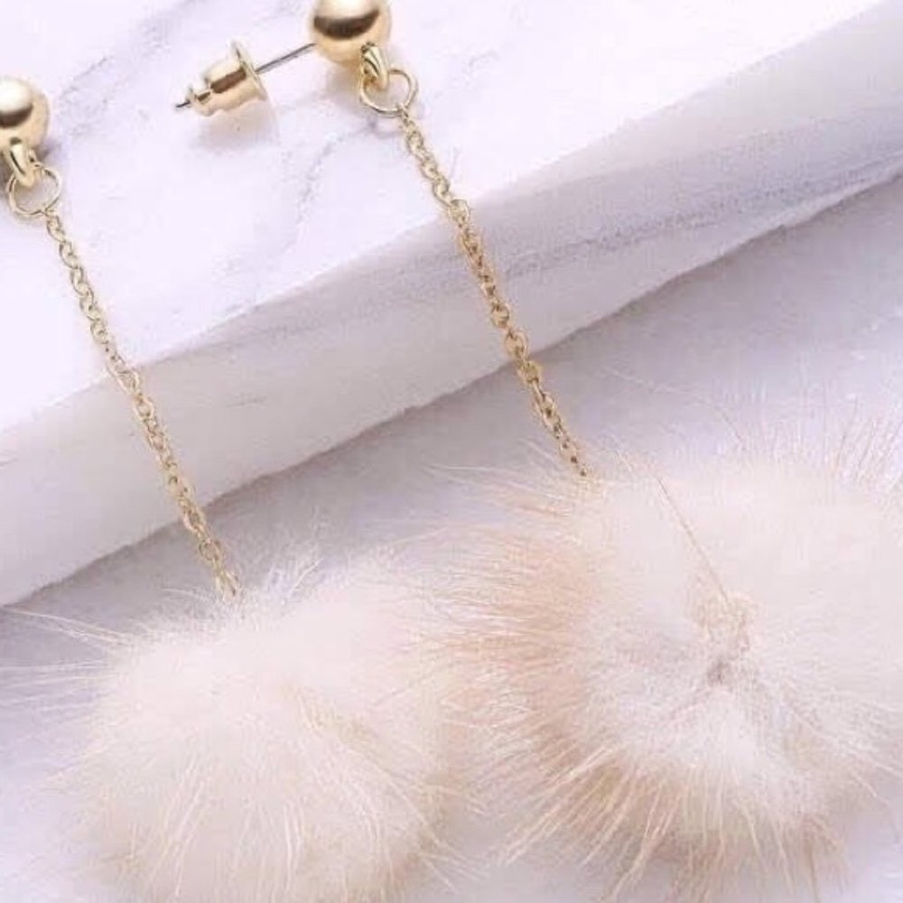 Pom Pom Drop Earrings, Beige